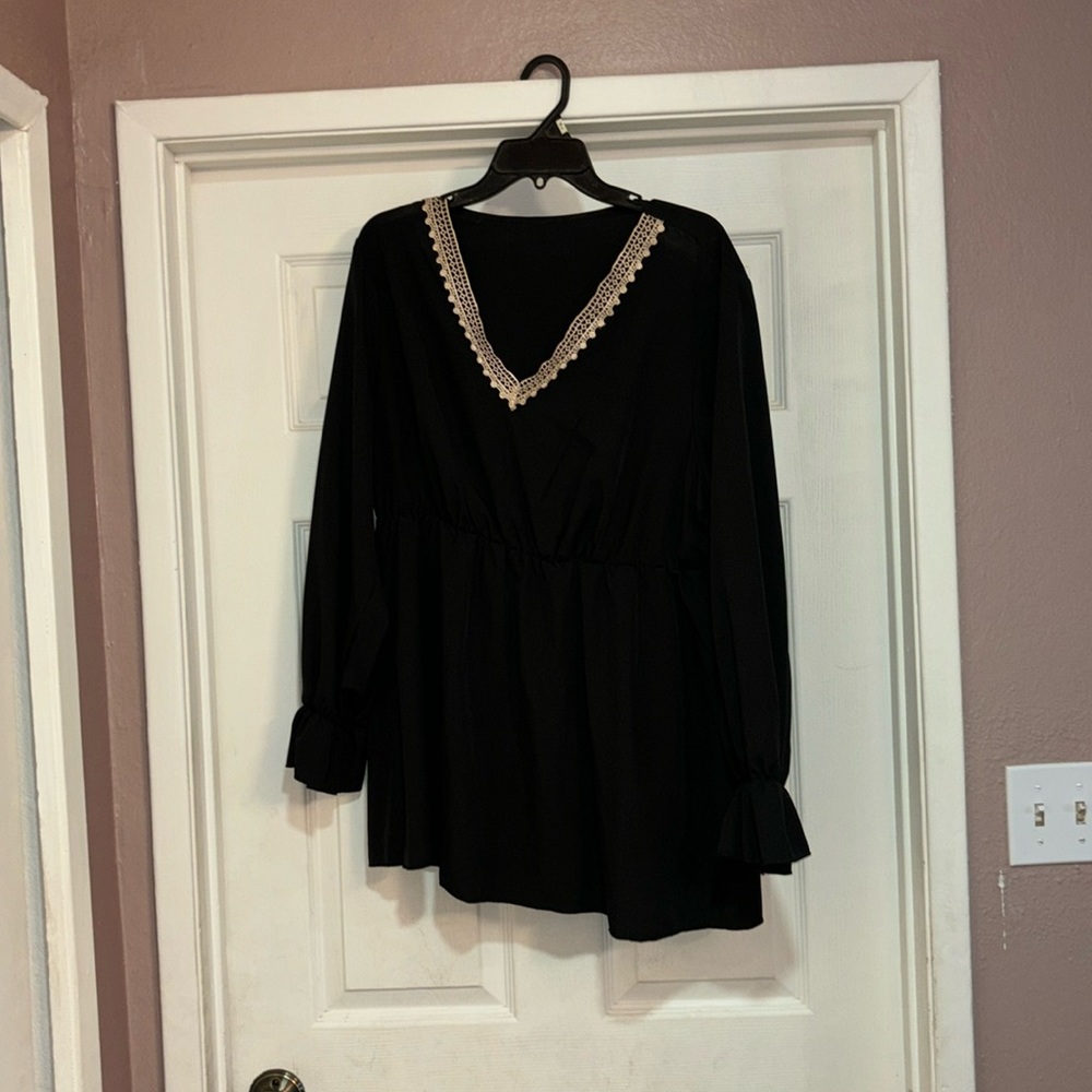 SHEIN cinch waist ruffle sleeve crochet v neck blouse